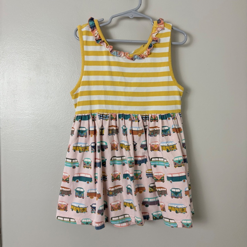 Matilda Jane Camper Van Dress Kids Size 8 Pink Yellow Striped Ruffle Twirl